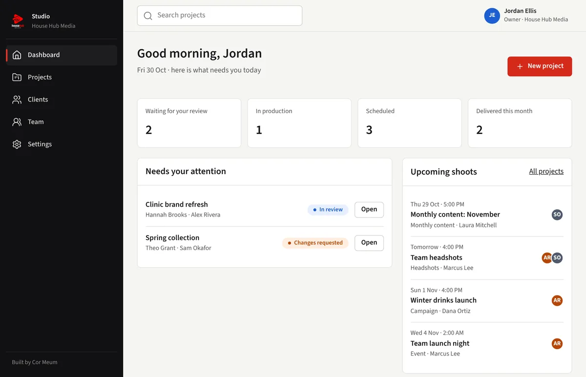 The House Hub Studio dashboard: jobs waiting for review, in production and upcoming shoots