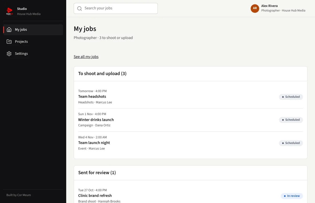A photographer's job list: to shoot and upload, sent for review, delivered