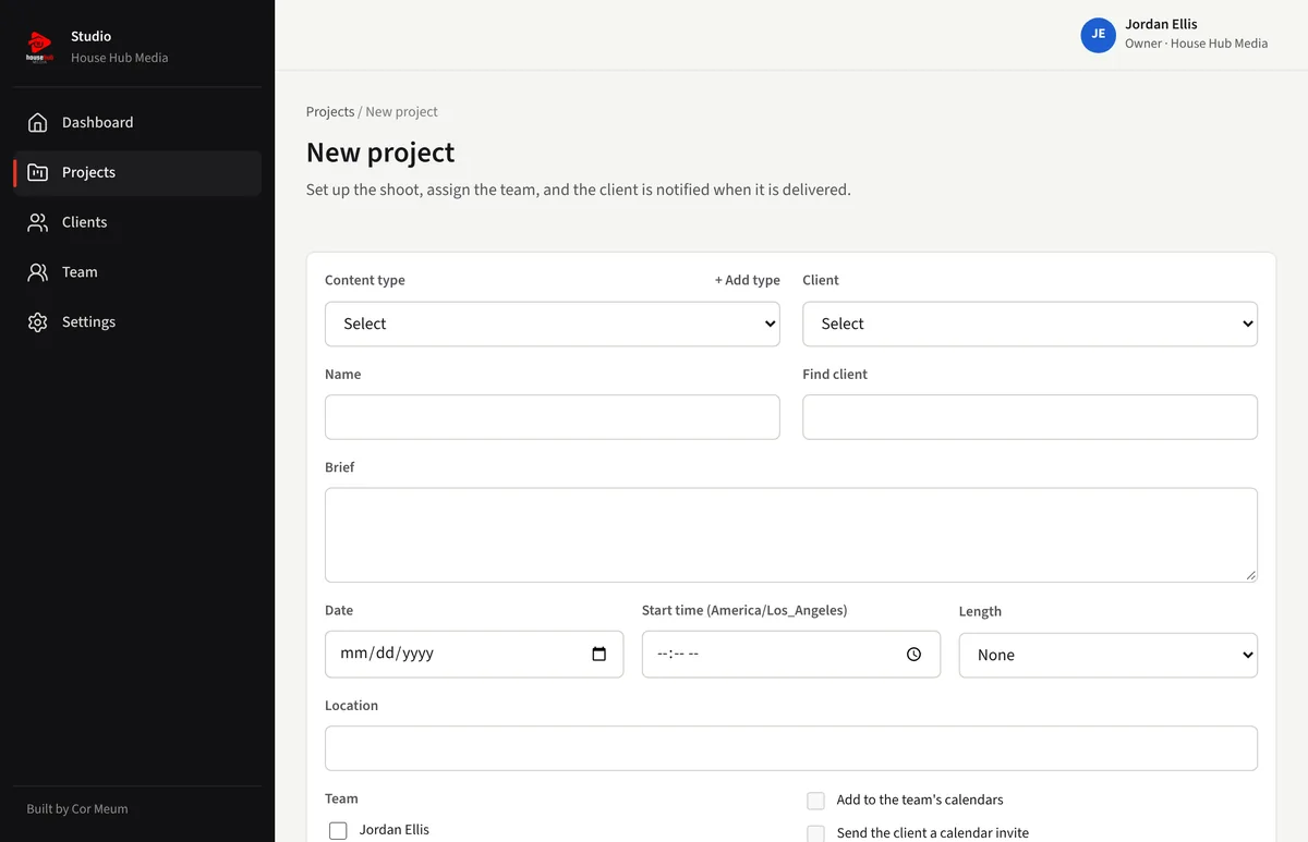 Creating a new project with content type, client, brief, shoot time and team